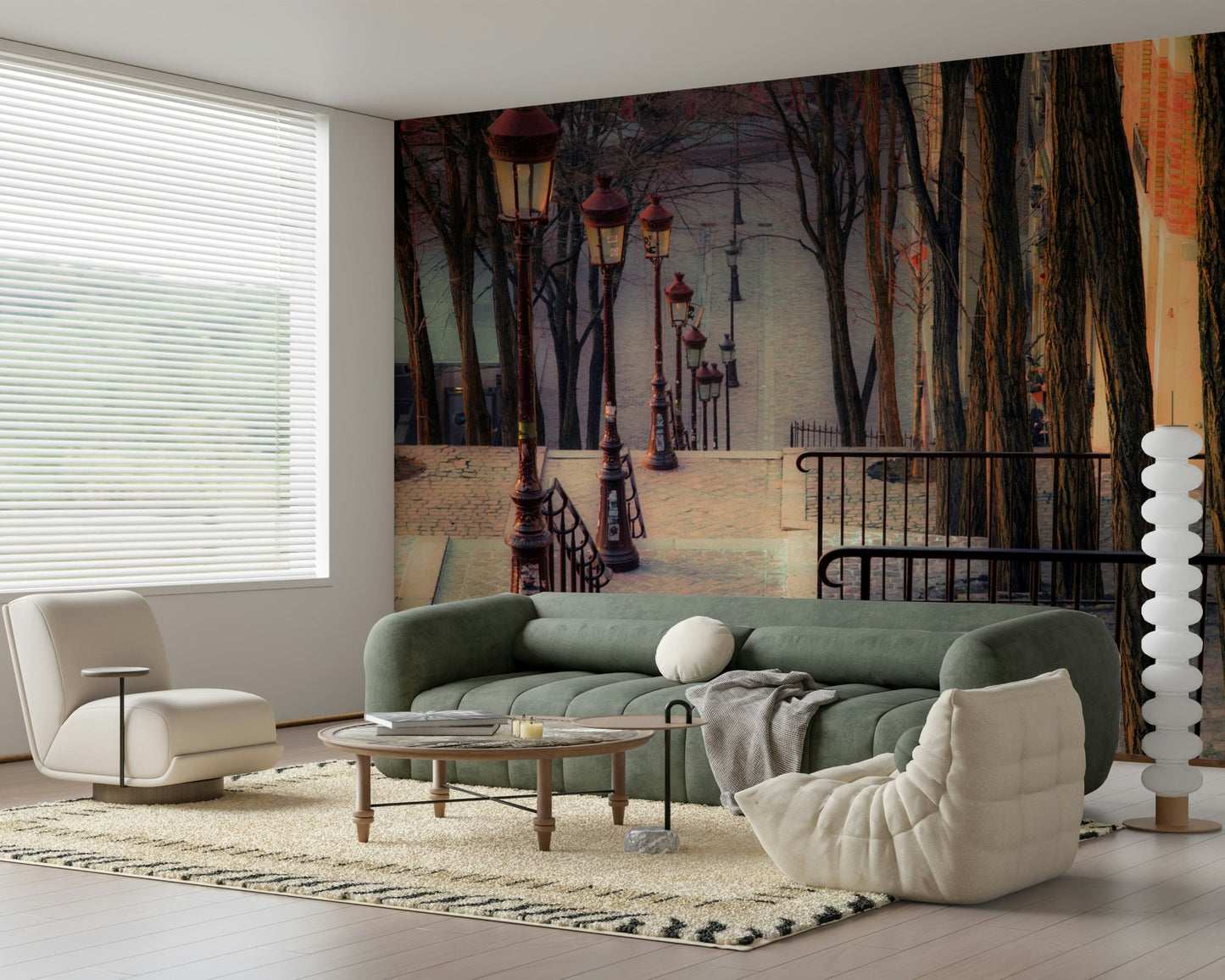 Montmartre's Iconic Staircase Wall Mural in a minimalist bedroom setting.