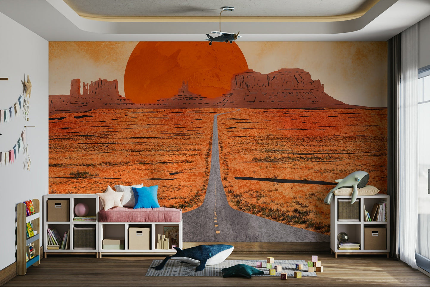 Monument Valley wall design in sunset hues

