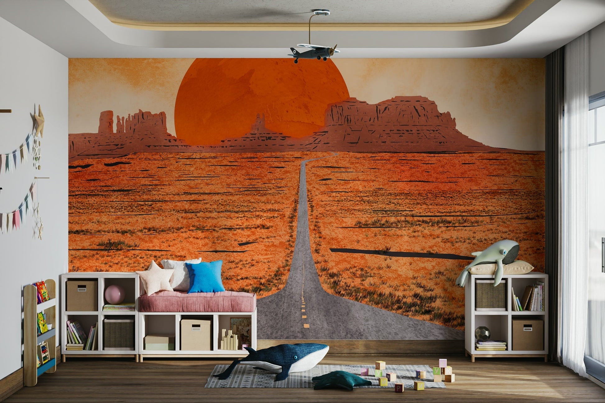 Monument Valley wall design in sunset hues

