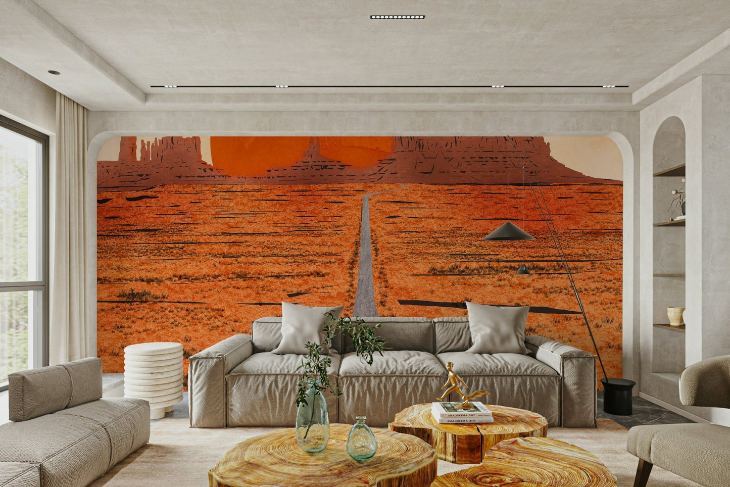 Glowing sunset mural of desert landscape

