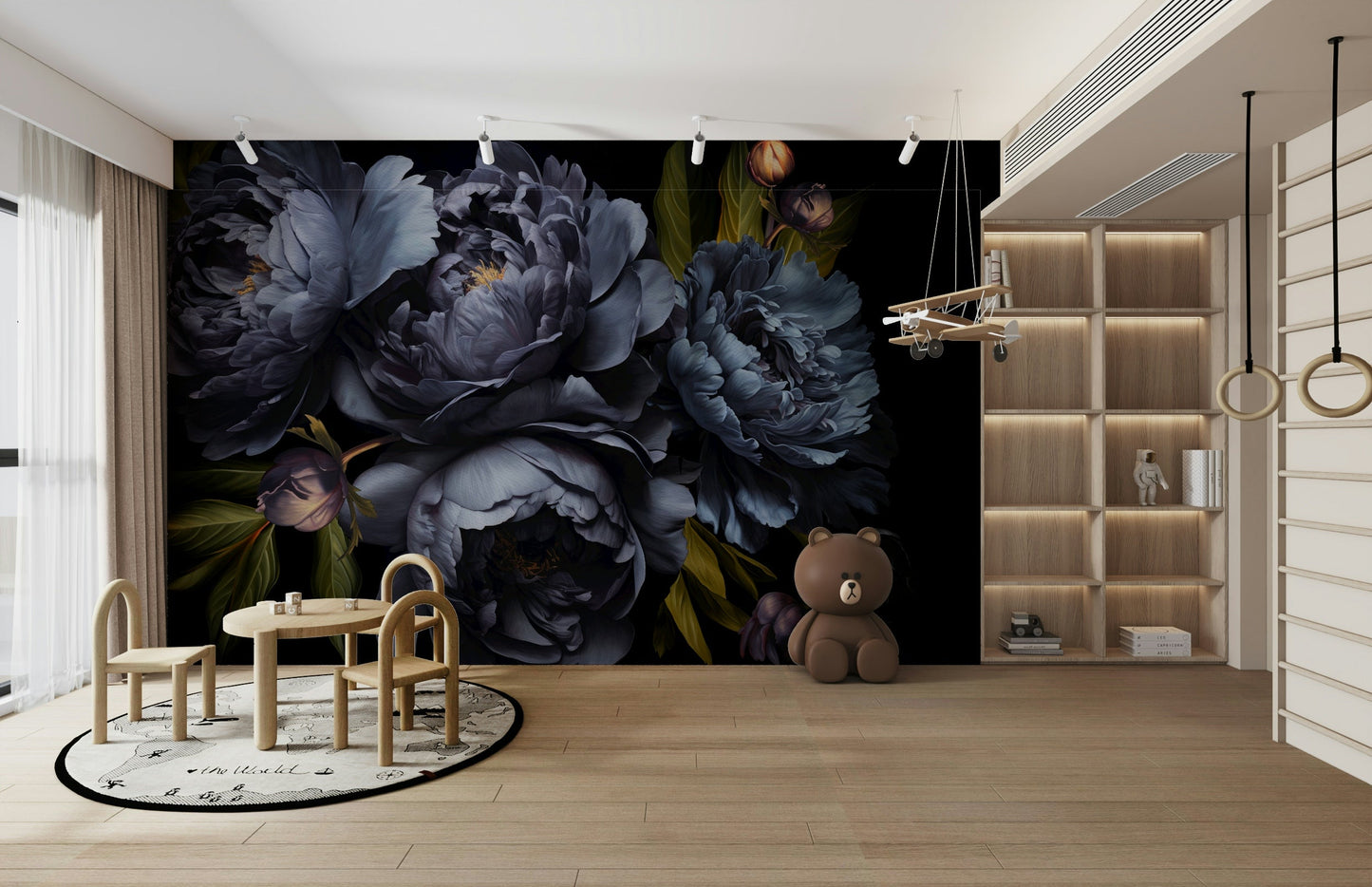 A wall mural of a peaceful floral pattern.

