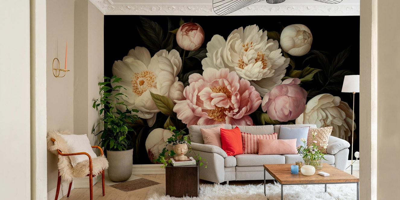 A wall mural of a peaceful floral pattern.

