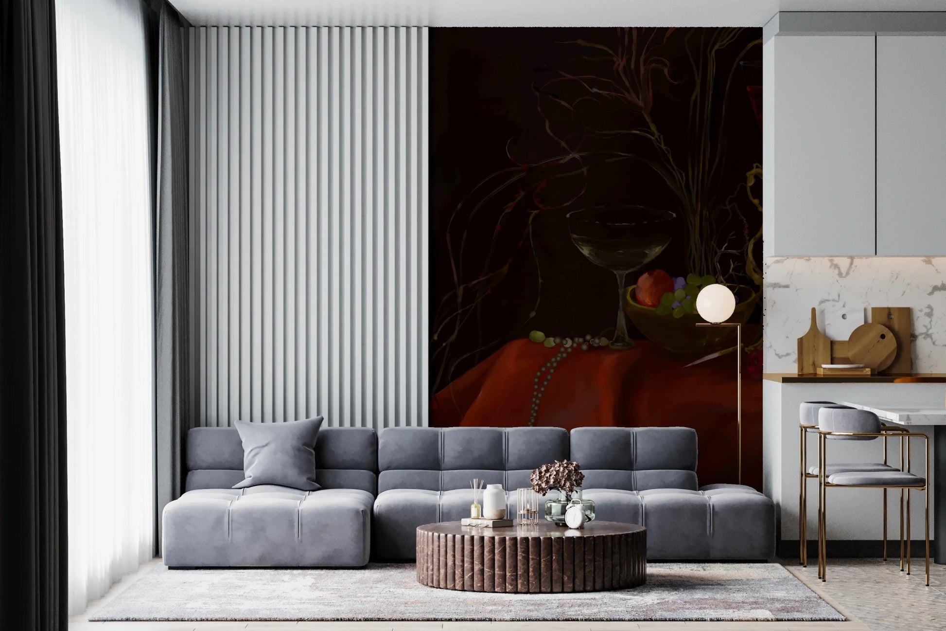 Glassware and painterly detail in Moody Vintage Baroque Still Life Art Wall Mural
