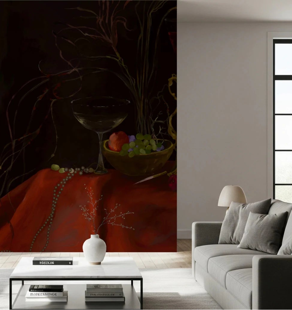 Living room with Moody Vintage Baroque Still Life Art Wall Mural
