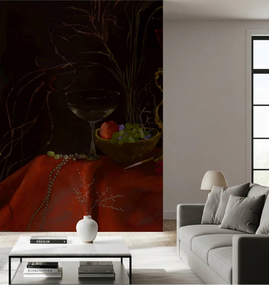 Living room with Moody Vintage Baroque Still Life Art Wall Mural, GD8802