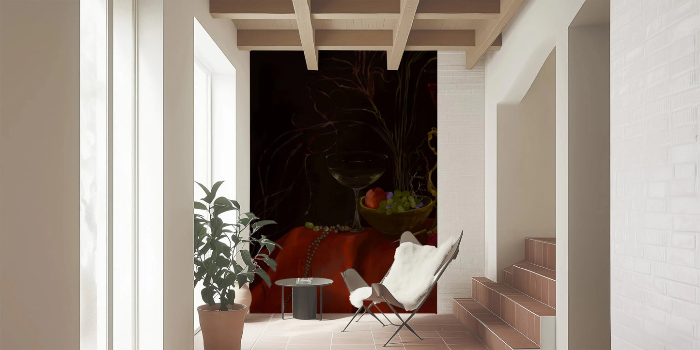 Dark tabletop scene in Moody Vintage Baroque Still Life Art Wall Mural