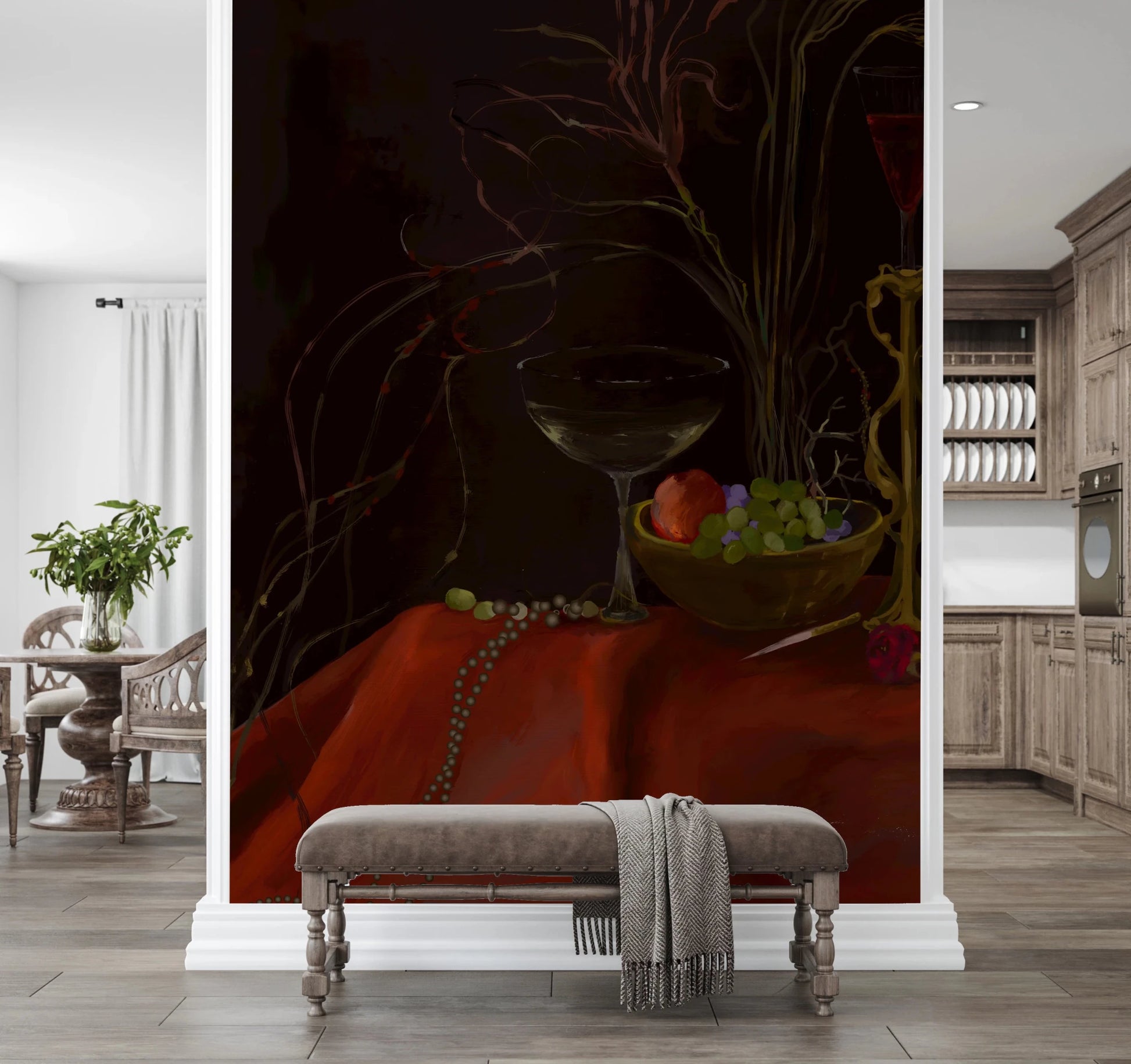 Red drapery and fruit shown in Moody Vintage Baroque Still Life Art Wall Mural