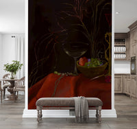 Red drapery and fruit shown in Moody Vintage Baroque Still Life Art Wall Mural