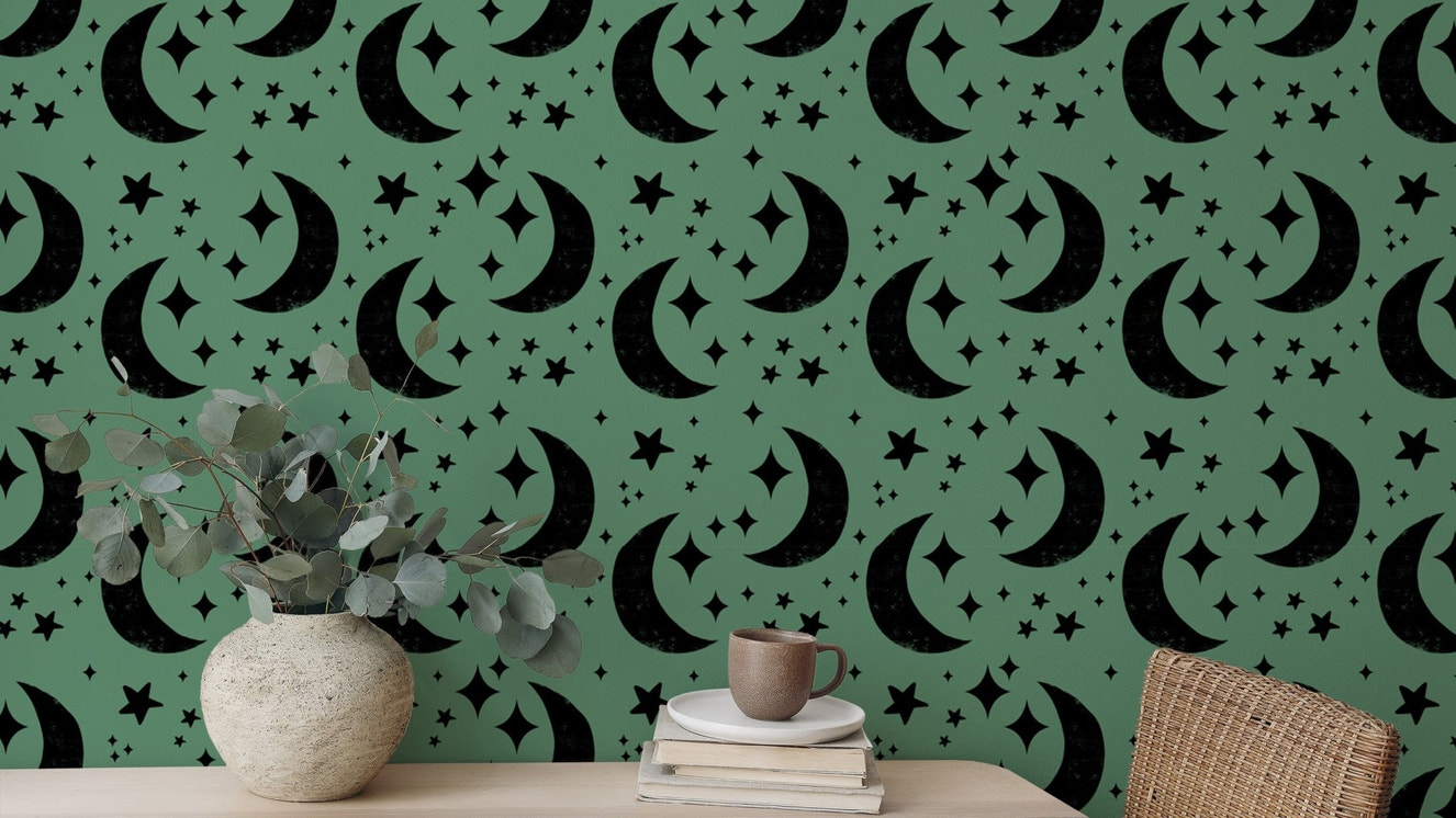 Calm and peaceful Moon Green Background Wallpaper