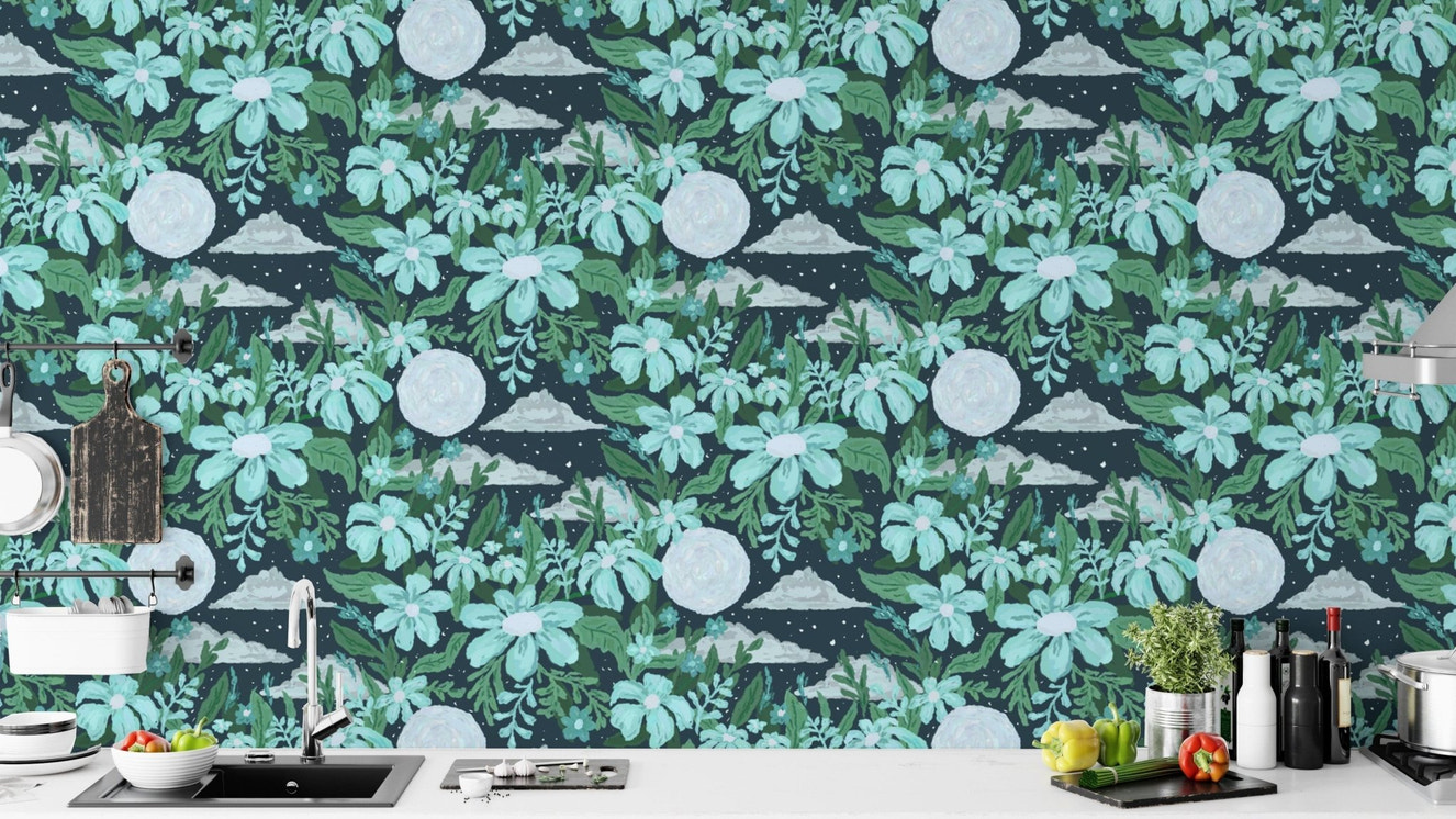 Night garden wallpaper with soft blue tones
