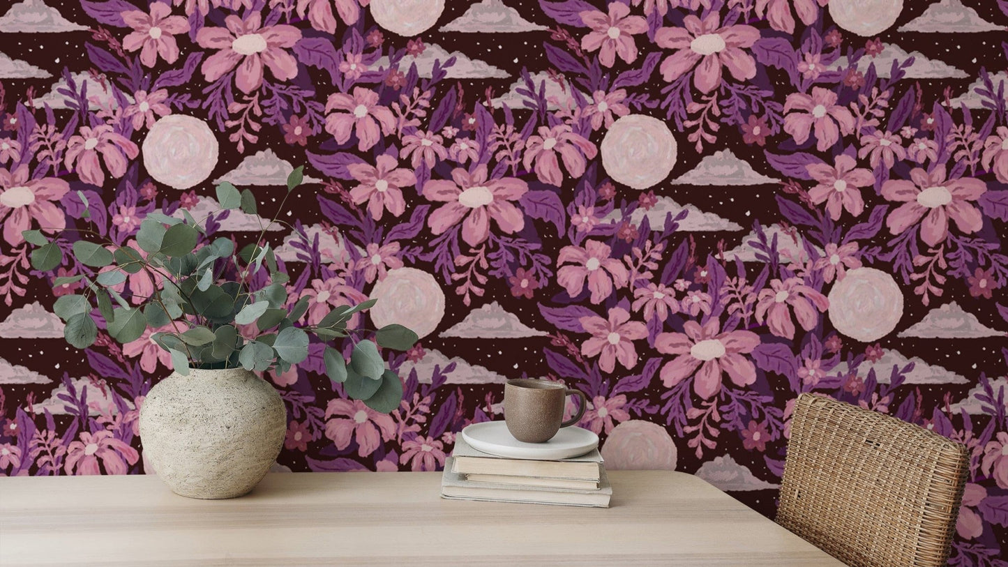Moonlit garden purple wallpaper design