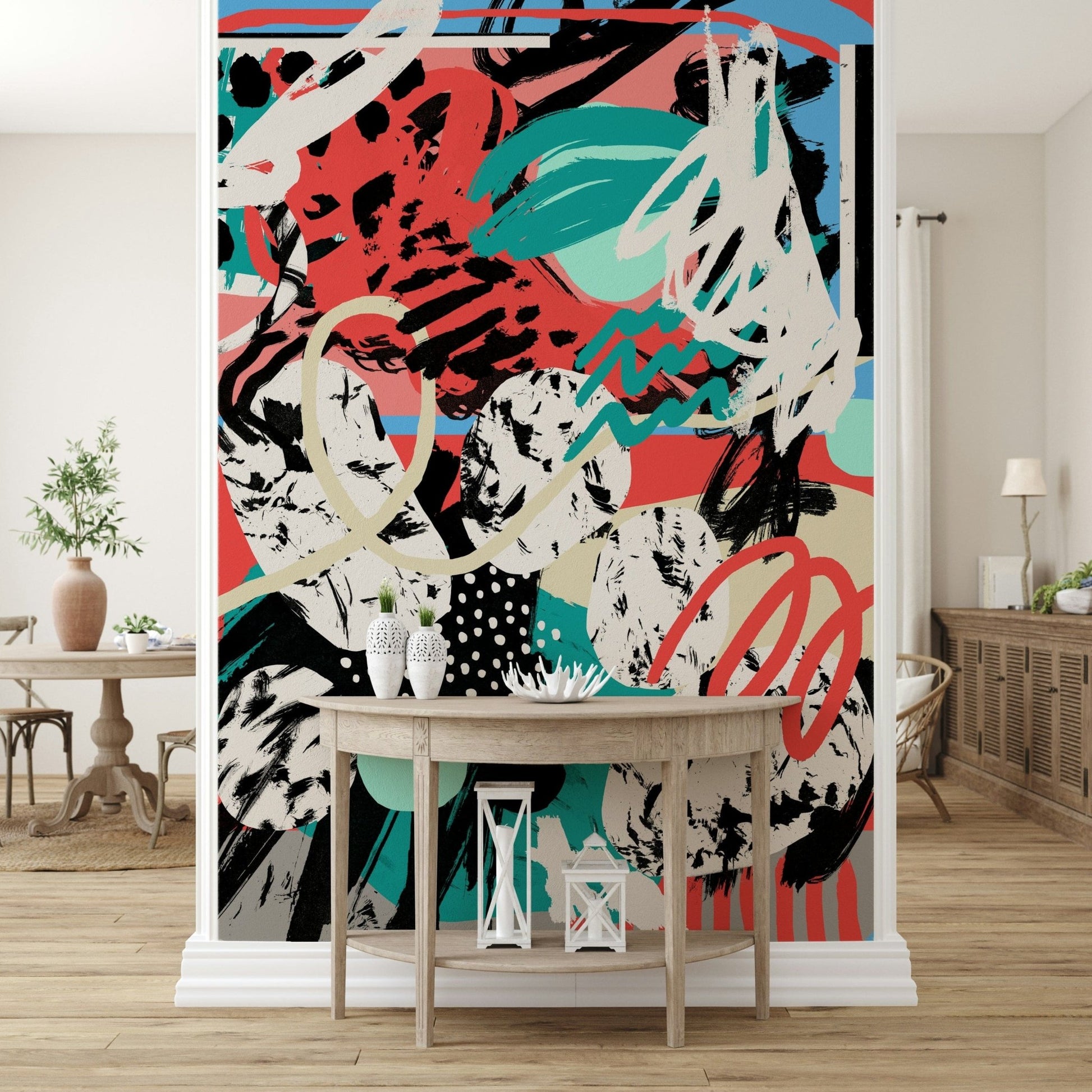 An artistic lunar cycle mural on minimalist wallpaper.