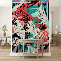 An artistic lunar cycle mural on minimalist wallpaper.