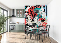 A peaceful cosmic theme mural on decorative wallpaper.