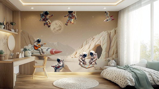 Mural wallpaper of the Moon Tunes cosmic crew

