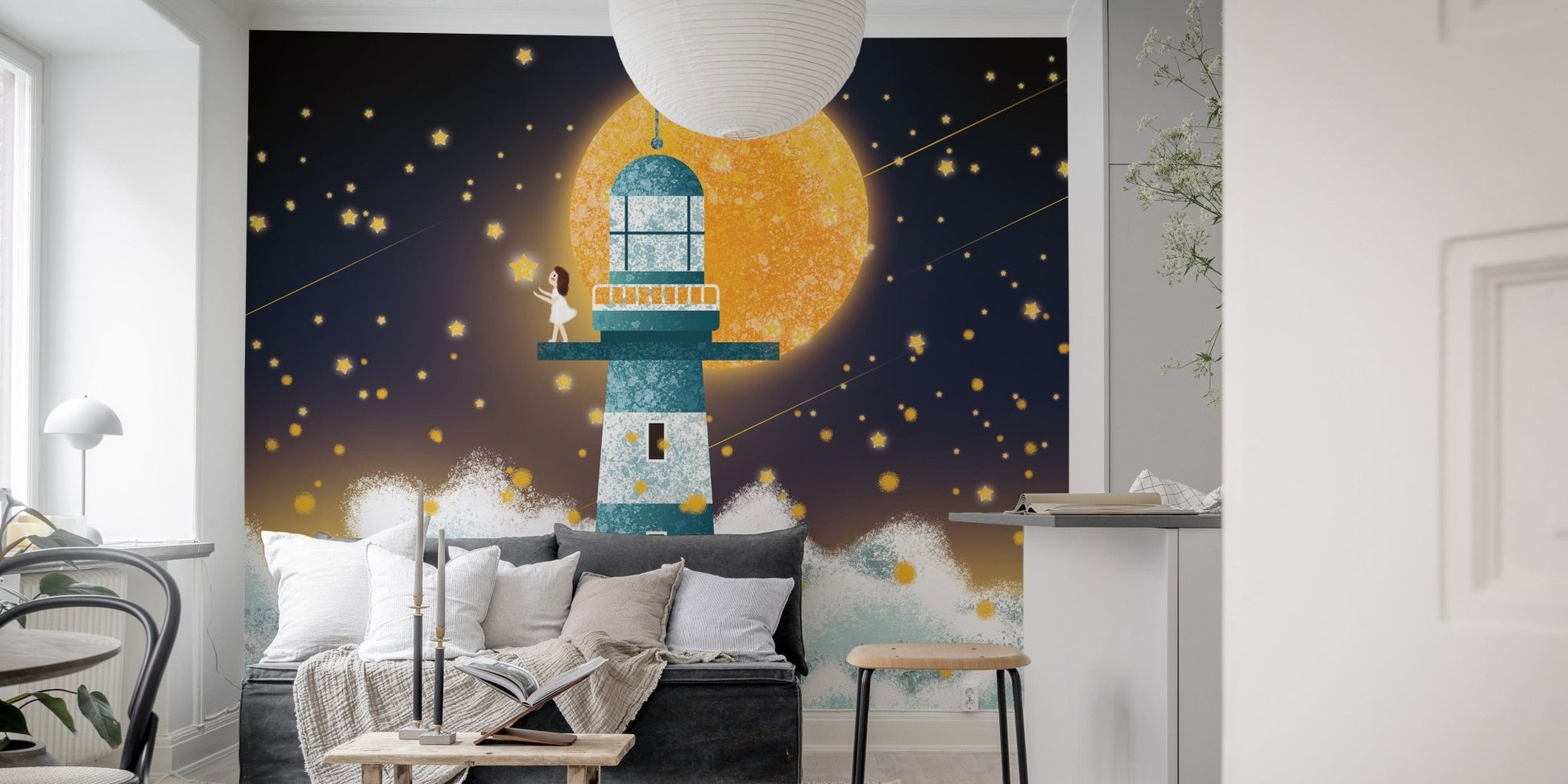 Charming night sky wallpaper with a lighthouse