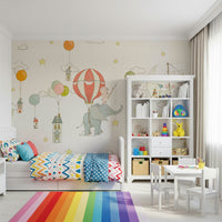 A peaceful modern abstract mural on decorative wallpaper.