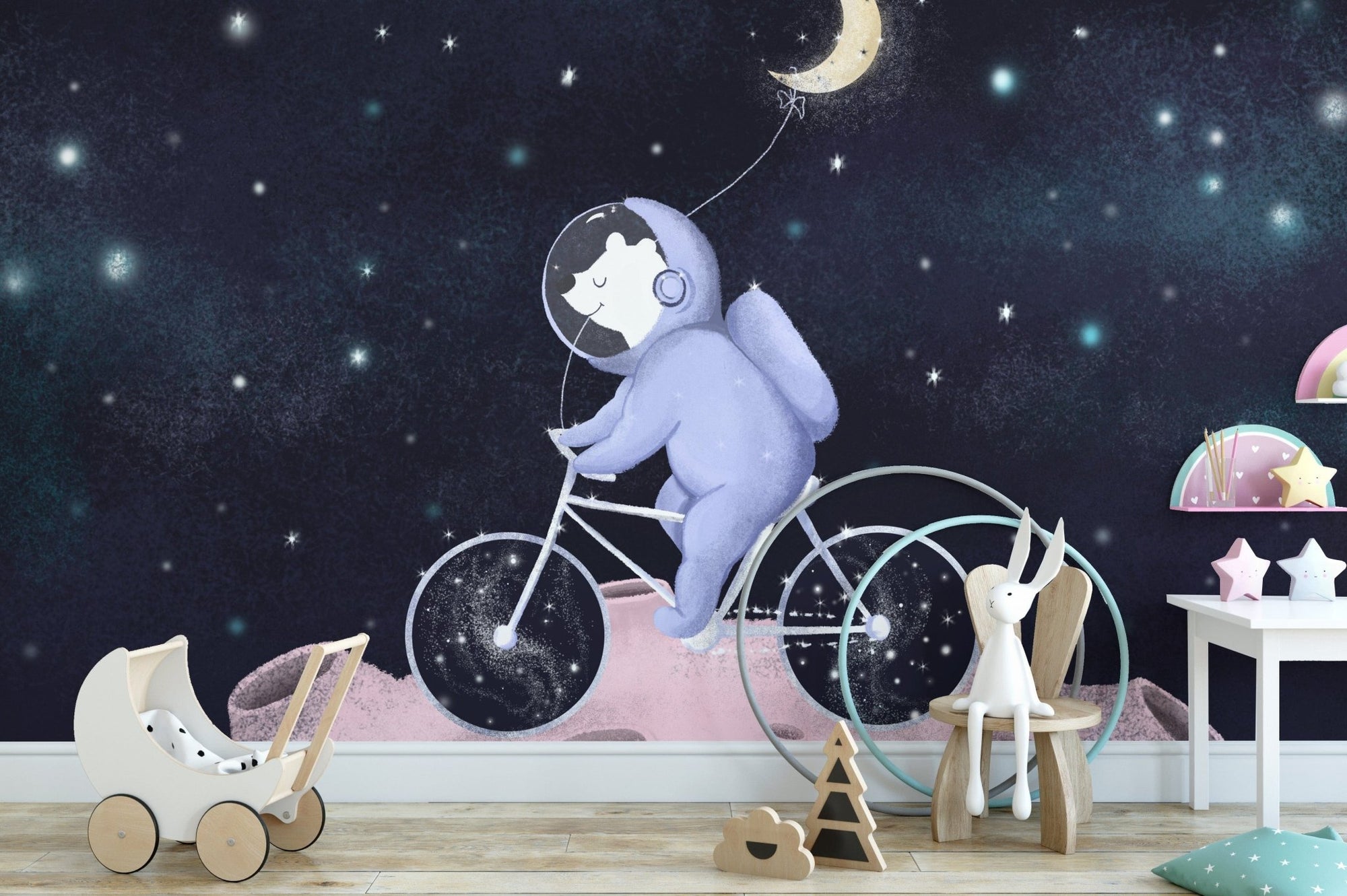 Playful bear in space riding bike wallpaper, C82