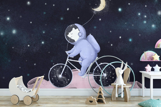 Playful bear in space riding bike wallpaper, C82