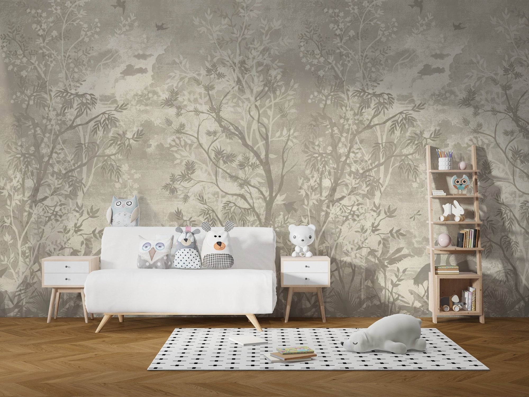 Elegant moonlit aves mural with soft tones, C209