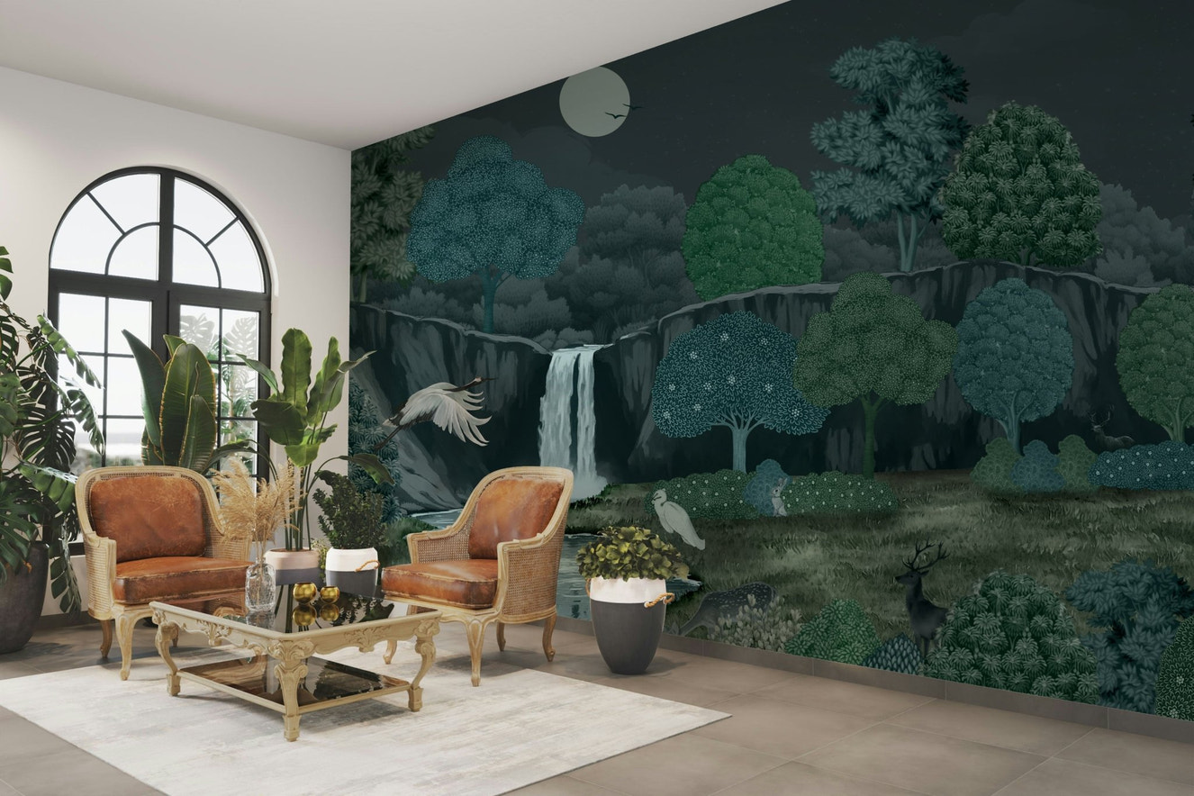 A peaceful wall mural with a natural, celestial design.

