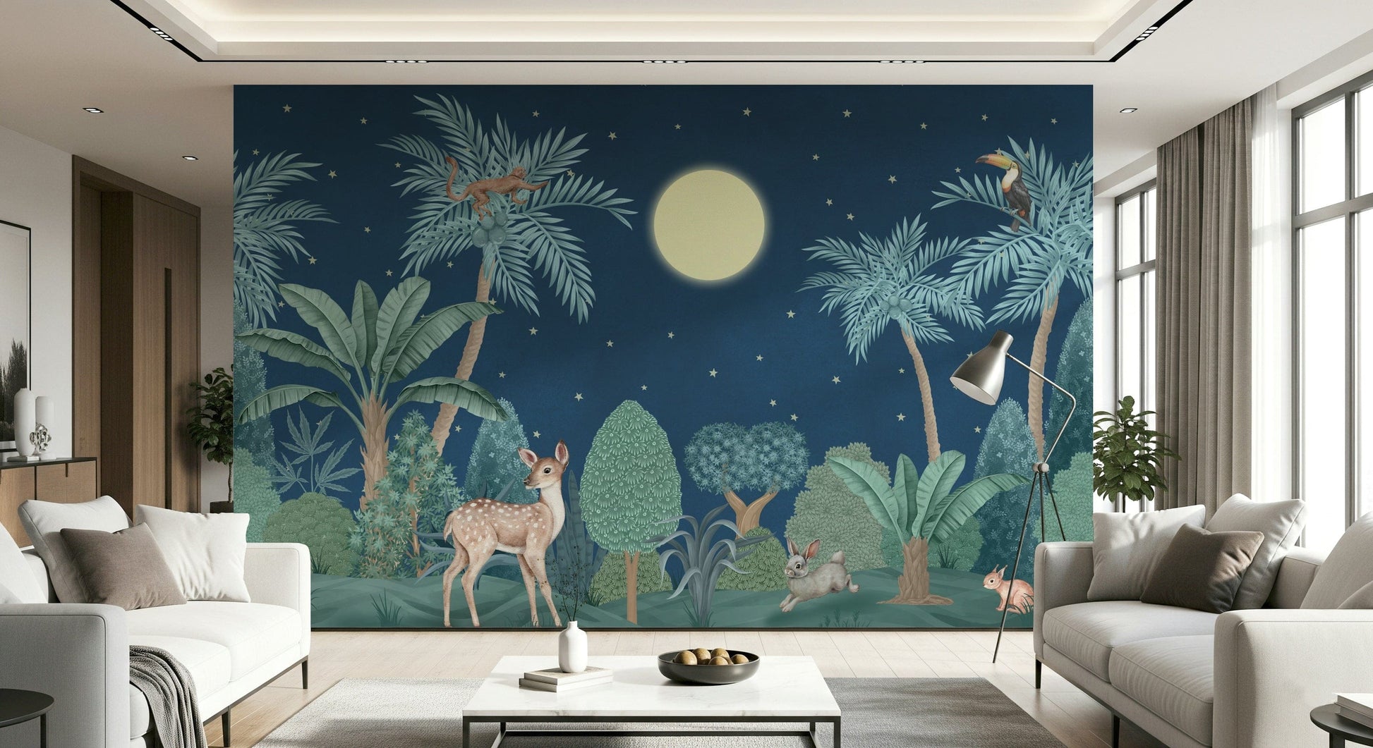 Large scale Moonlit Jungle wall mural in a luxury dining space.