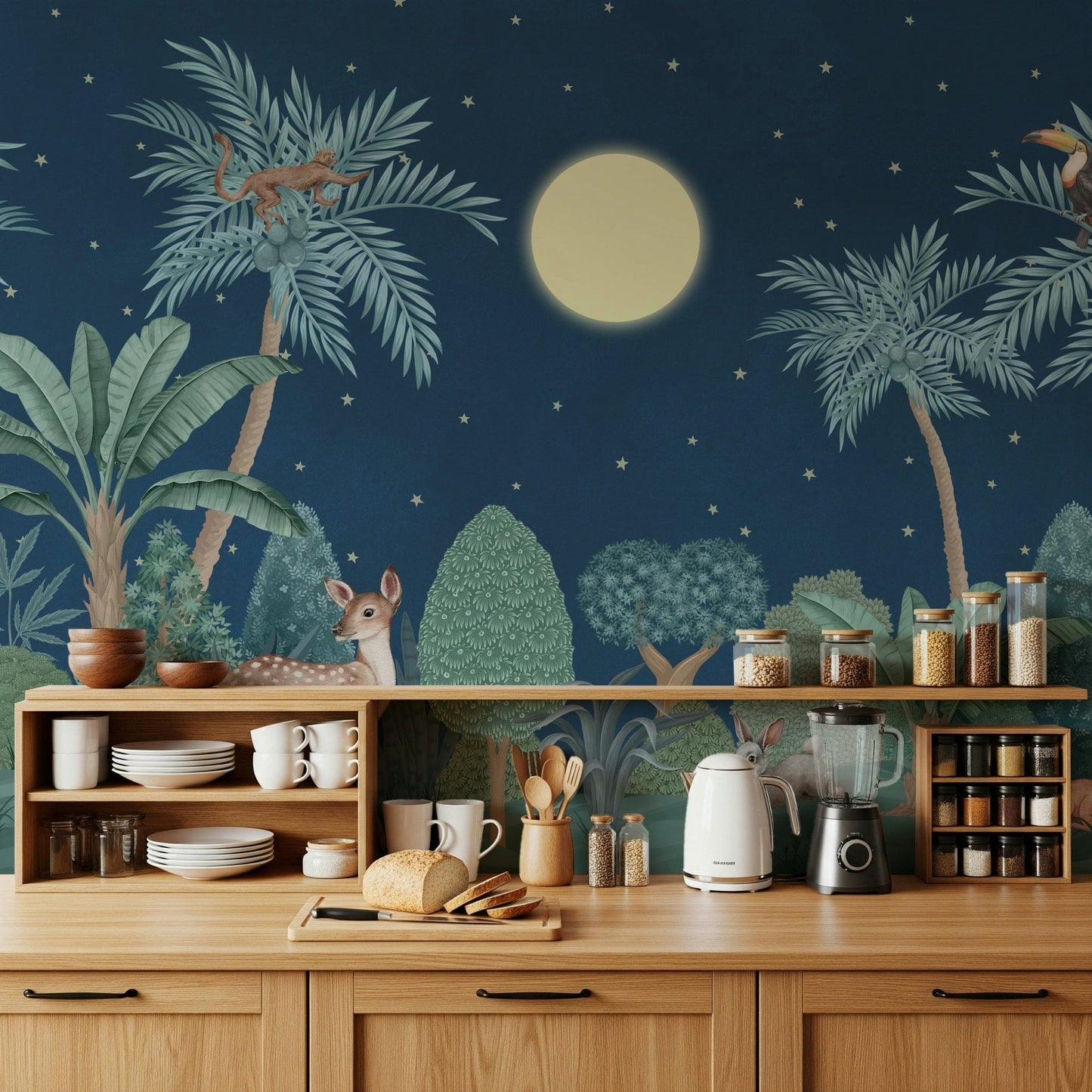 Moonlit Jungle wall mural with midnight blue tones in a lounge.