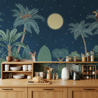 Moonlit Jungle wall mural with midnight blue tones in a lounge.