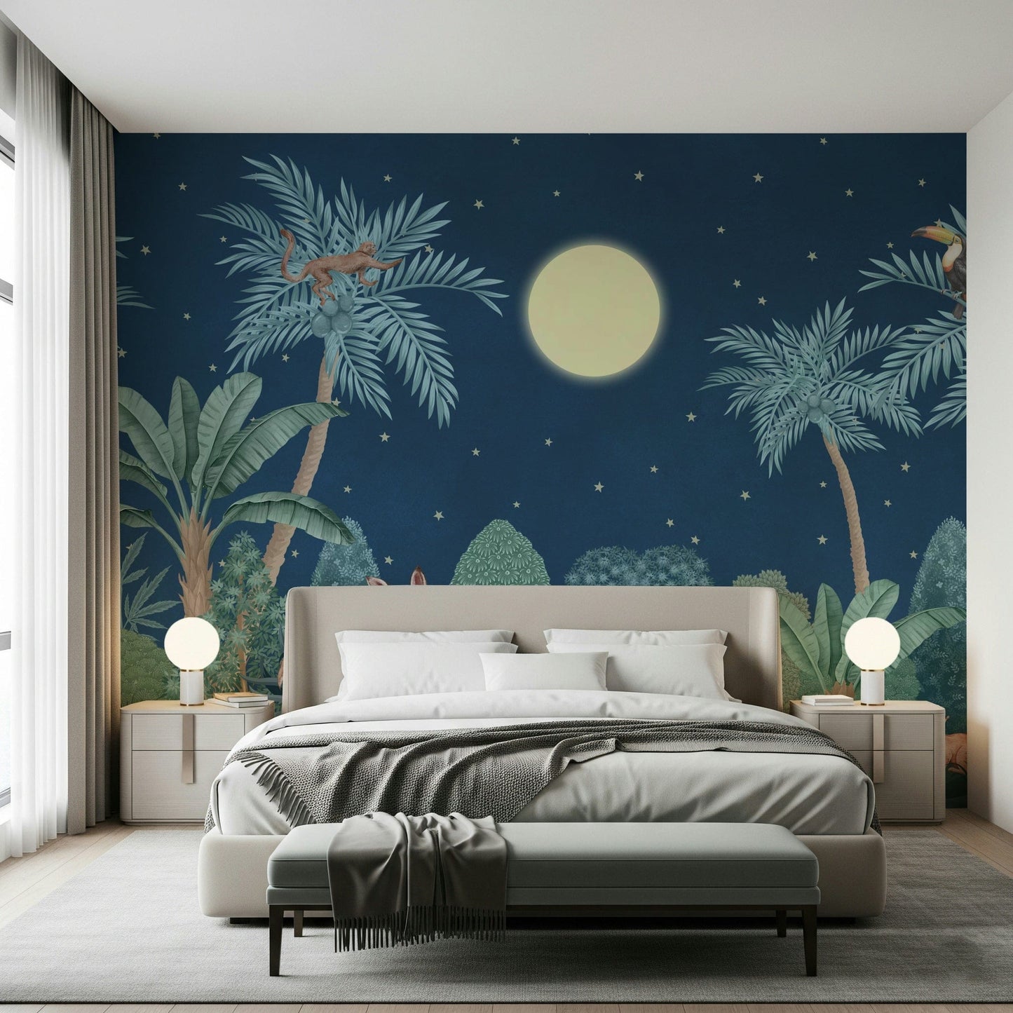 Moonlit Jungle wall mural with dark tropical leaves in a master bedroom.