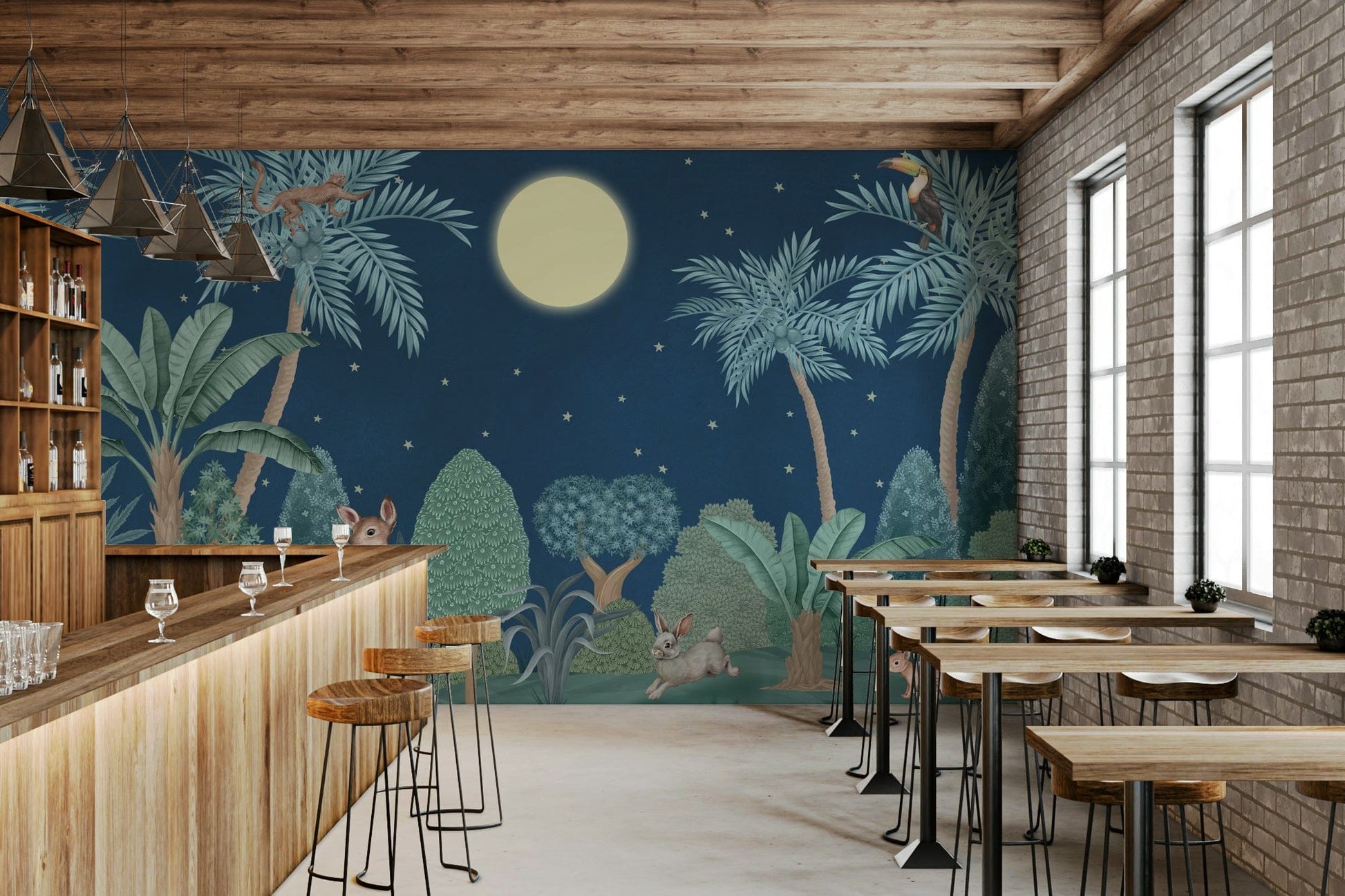 Moonlit Jungle wall mural showcasing exotic foliage in a home office.