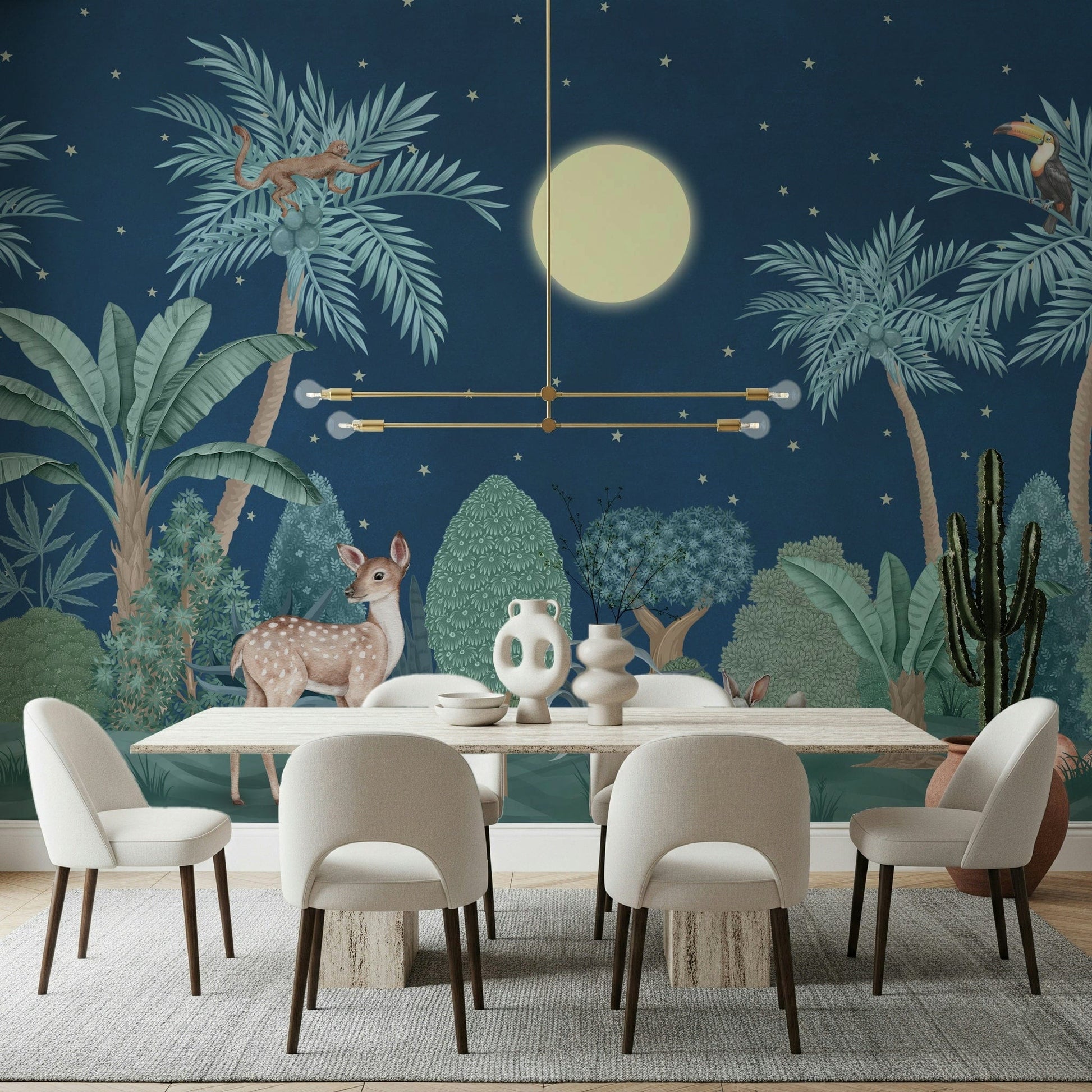 Botanical Moonlit Jungle wallpaper behind a contemporary velvet sofa.