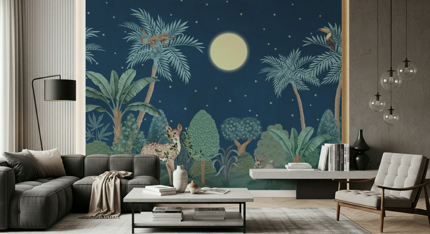 Artistic Moonlit Jungle wall mural with forest shadows in a corridor., GD7600