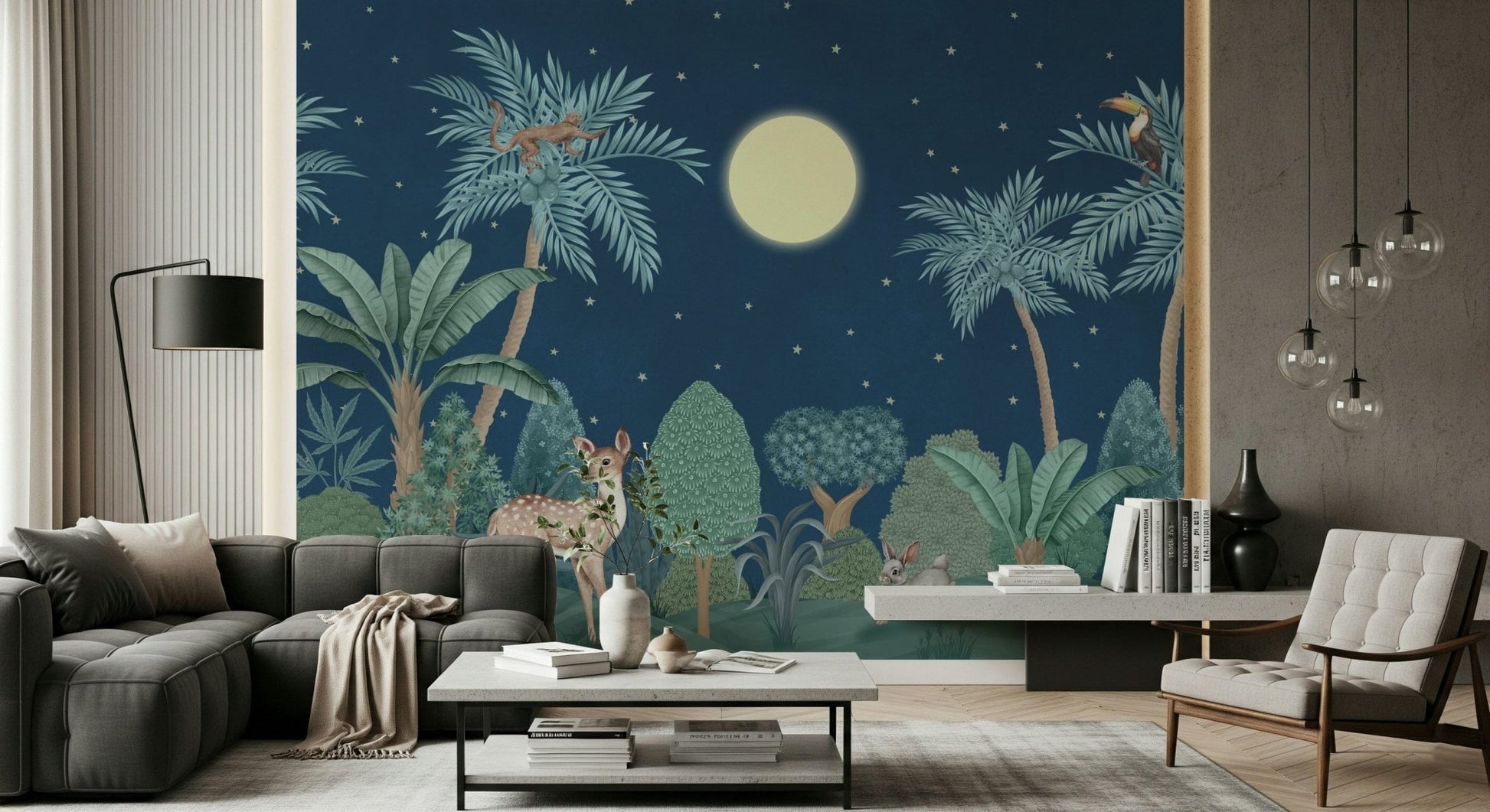 Artistic Moonlit Jungle wall mural with forest shadows in a corridor., GD7600
