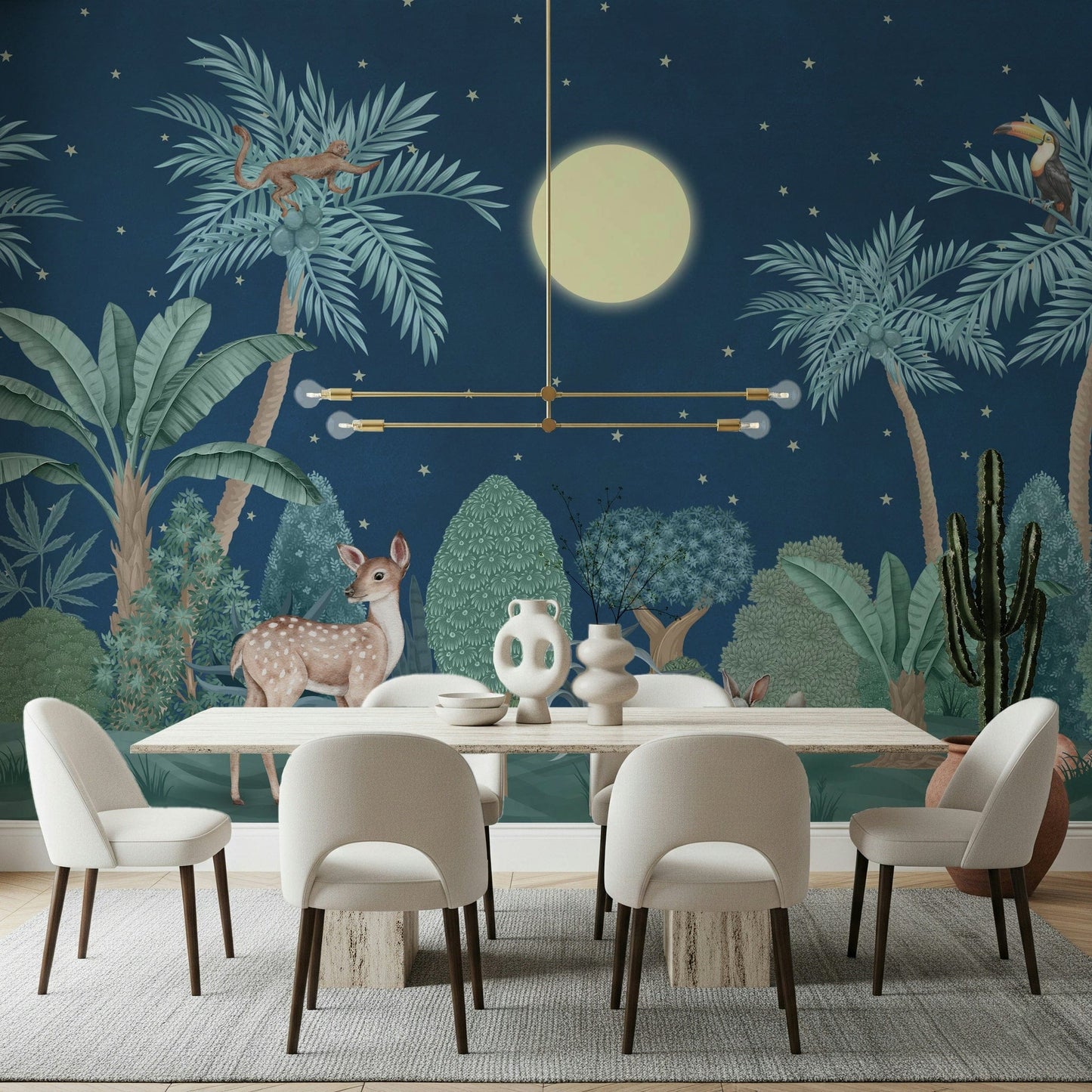 Botanical Moonlit Jungle wallpaper behind a contemporary velvet sofa., GD7600