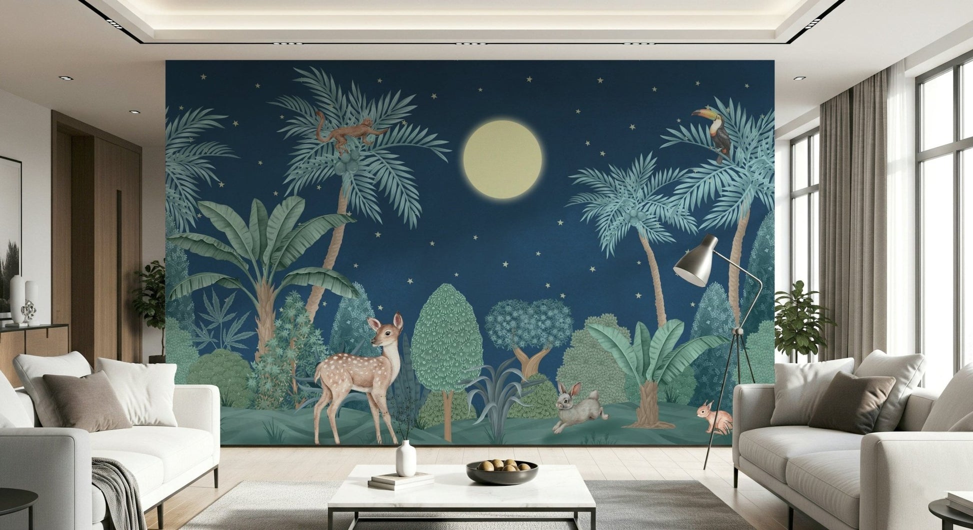 Large scale Moonlit Jungle wall mural in a luxury dining space., GD7600