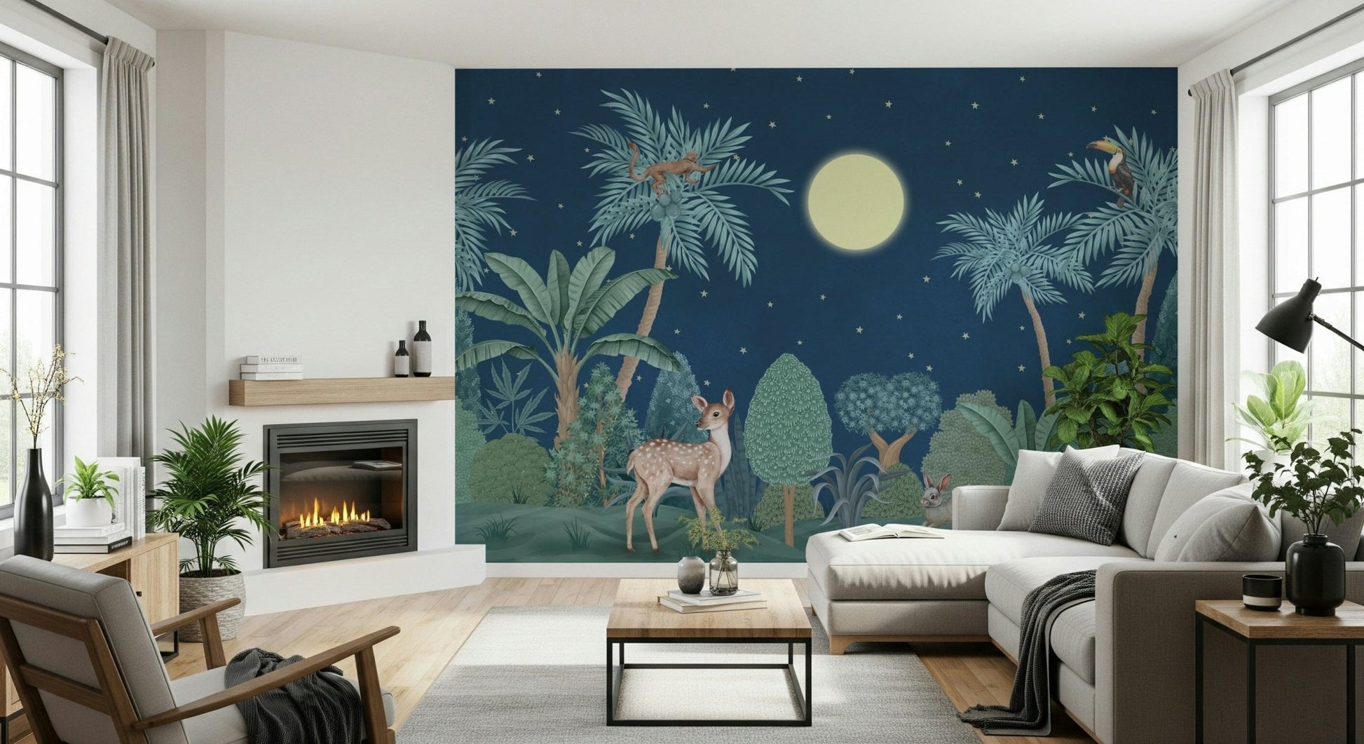 Modern living room featuring a deep green Moonlit Jungle wallpaper., GD7600