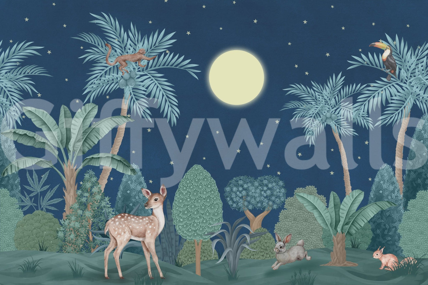 Deep charcoal Moonlit Jungle wall mural for a moody guest suite., GD7600