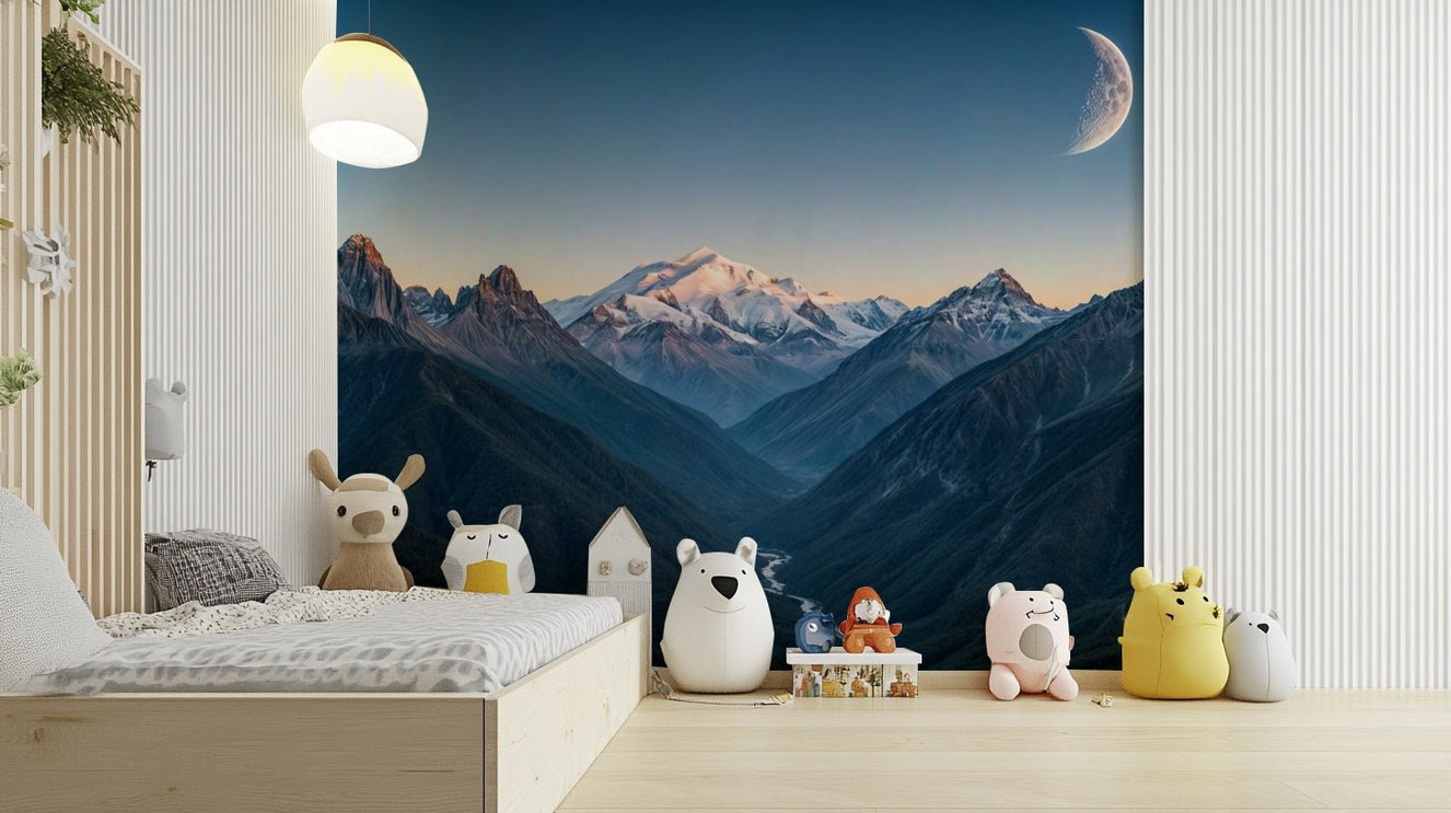 A wall mural of a moonlit mountain range.

