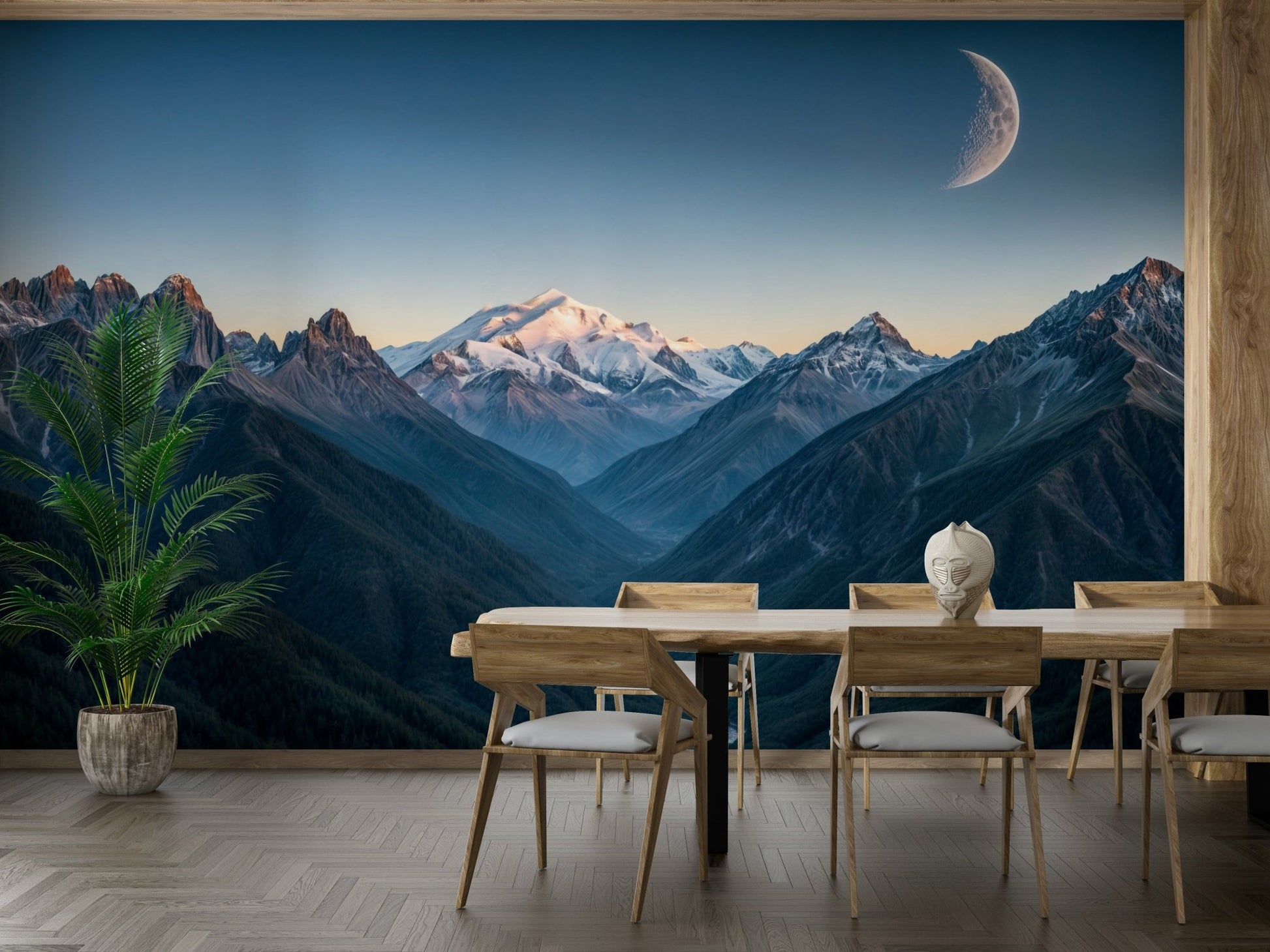 The image shows an artistic impression of a tranquil mountain scene at night.

