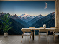 The image shows an artistic impression of a tranquil mountain scene at night.

