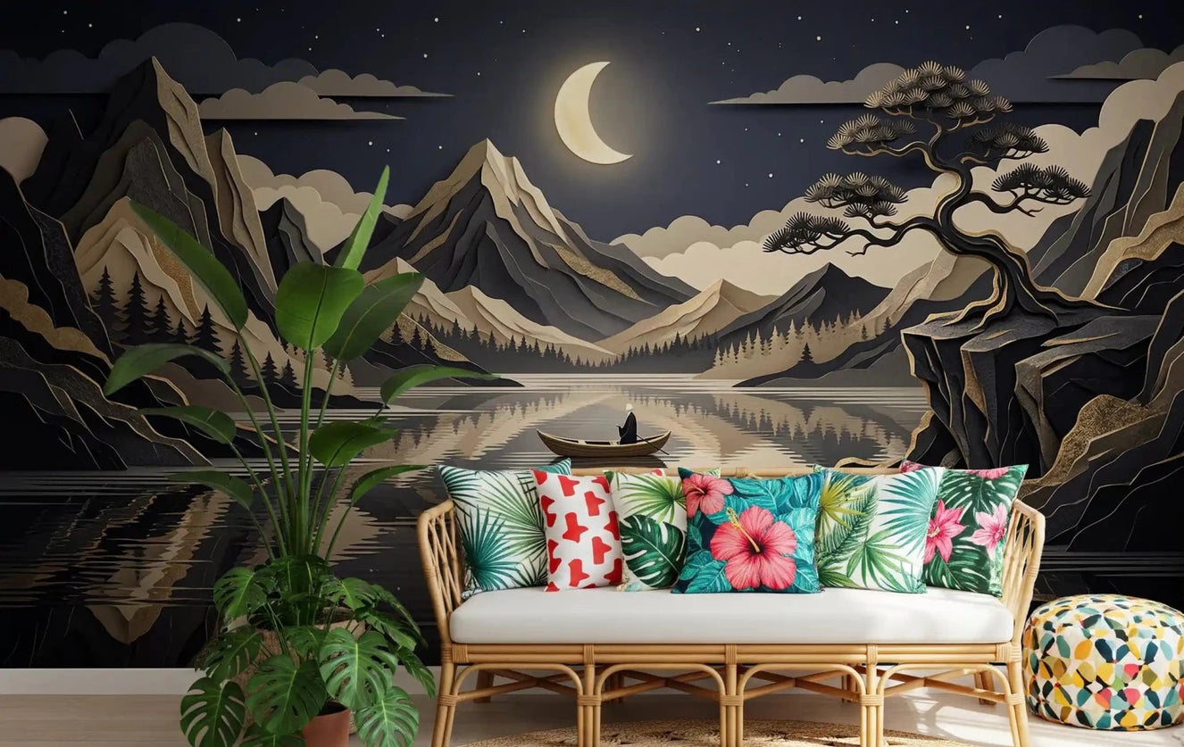 Crescent moon lights the Moonlit Mountain Wall Mural scene