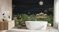 Freestanding tub backed by Moonlit Palace Garden Wall Mural in a luxe bathroom, GD8950