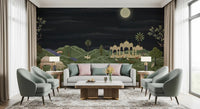Moonlit Palace Garden Wall Mural set behind a white sofa in a calm living room, GD8950