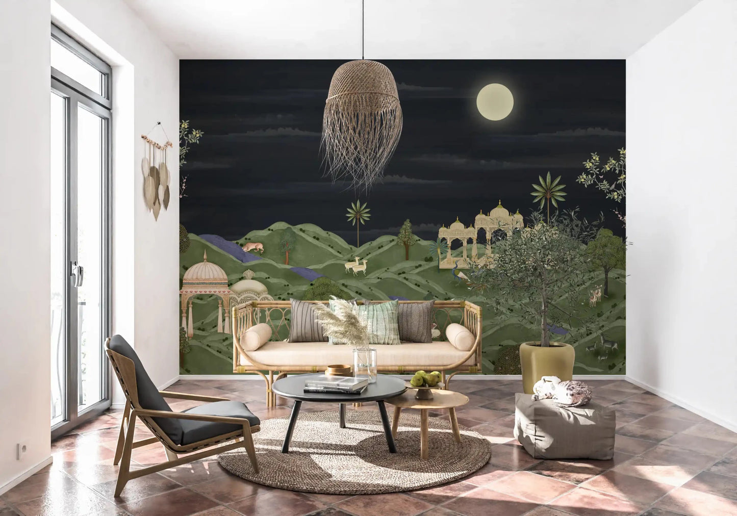 Warm Living corner paired with Moonlit Palace Garden Wall Mural and moonlit hills, GD8950