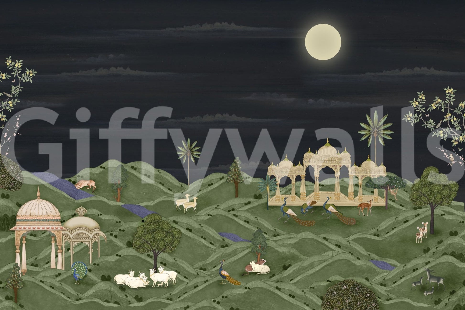 Scenic Moonlit Palace Garden Wall Mural showing peacocks wildlife and hills, GD8950