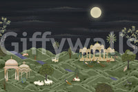 Scenic Moonlit Palace Garden Wall Mural showing peacocks wildlife and hills, GD8950