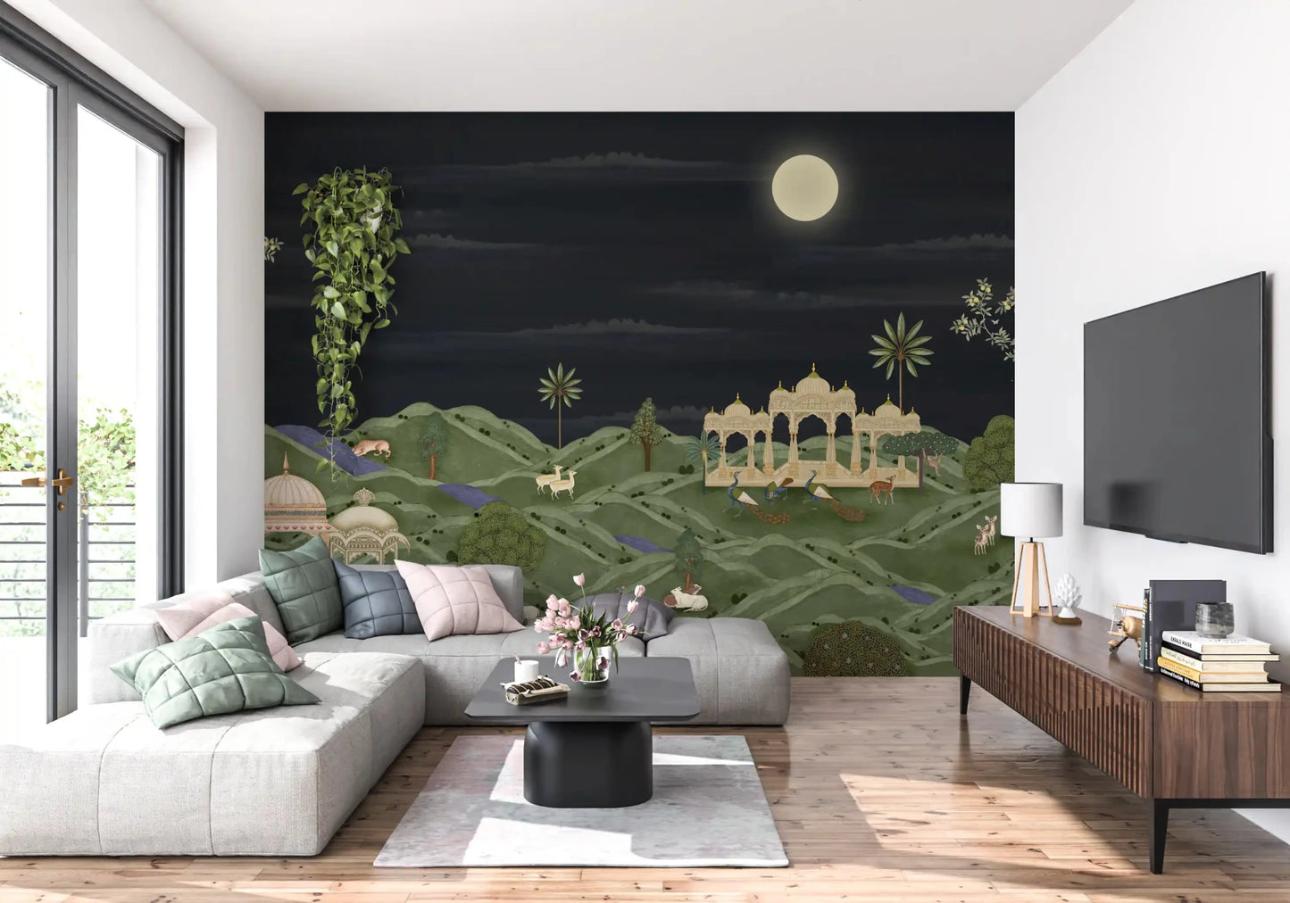 Window-side seating area finished with Moonlit Palace Garden Wall Mural backdrop, GD8950