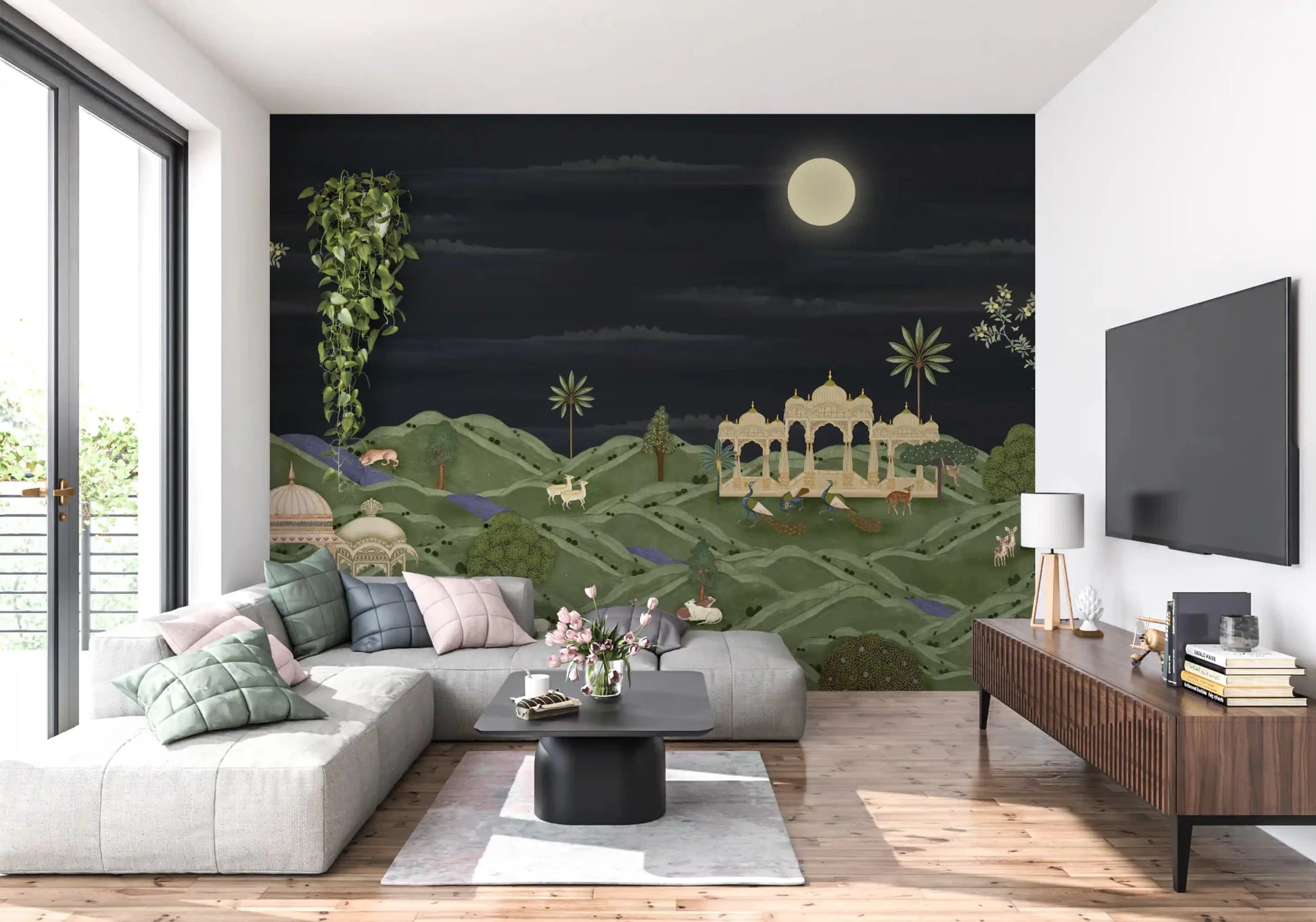Window-side seating area finished with Moonlit Palace Garden Wall Mural backdrop, GD8950