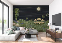 Window-side seating area finished with Moonlit Palace Garden Wall Mural backdrop, GD8950