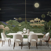 Moonlit Palace Garden Wall Mural behind a white dining set in a bright dining room, GD8950